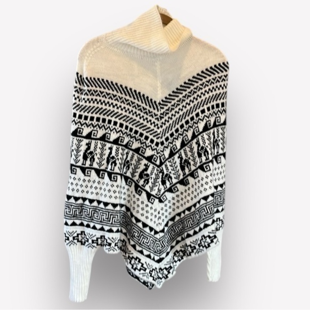 🇪🇸🐠Poncho sweater llama aztec fair isle nordic white black turtleneck